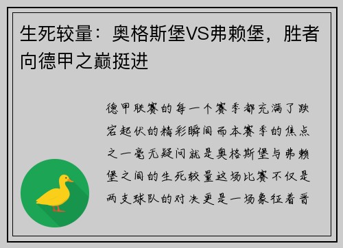 生死较量：奥格斯堡VS弗赖堡，胜者向德甲之巅挺进